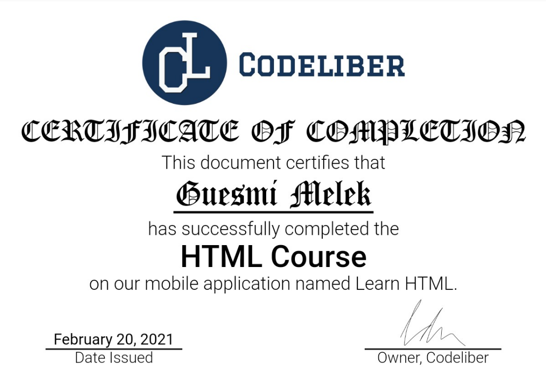 HTML Course Certificate